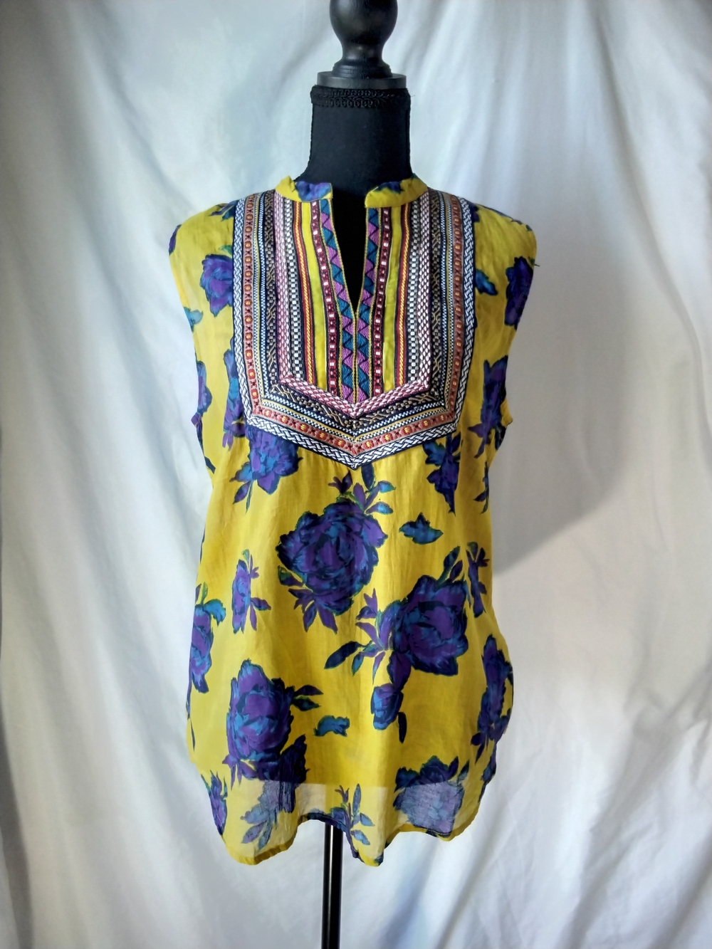 Fashion Magazine Yellow Sleeveless Tunic with Purple Floral Print